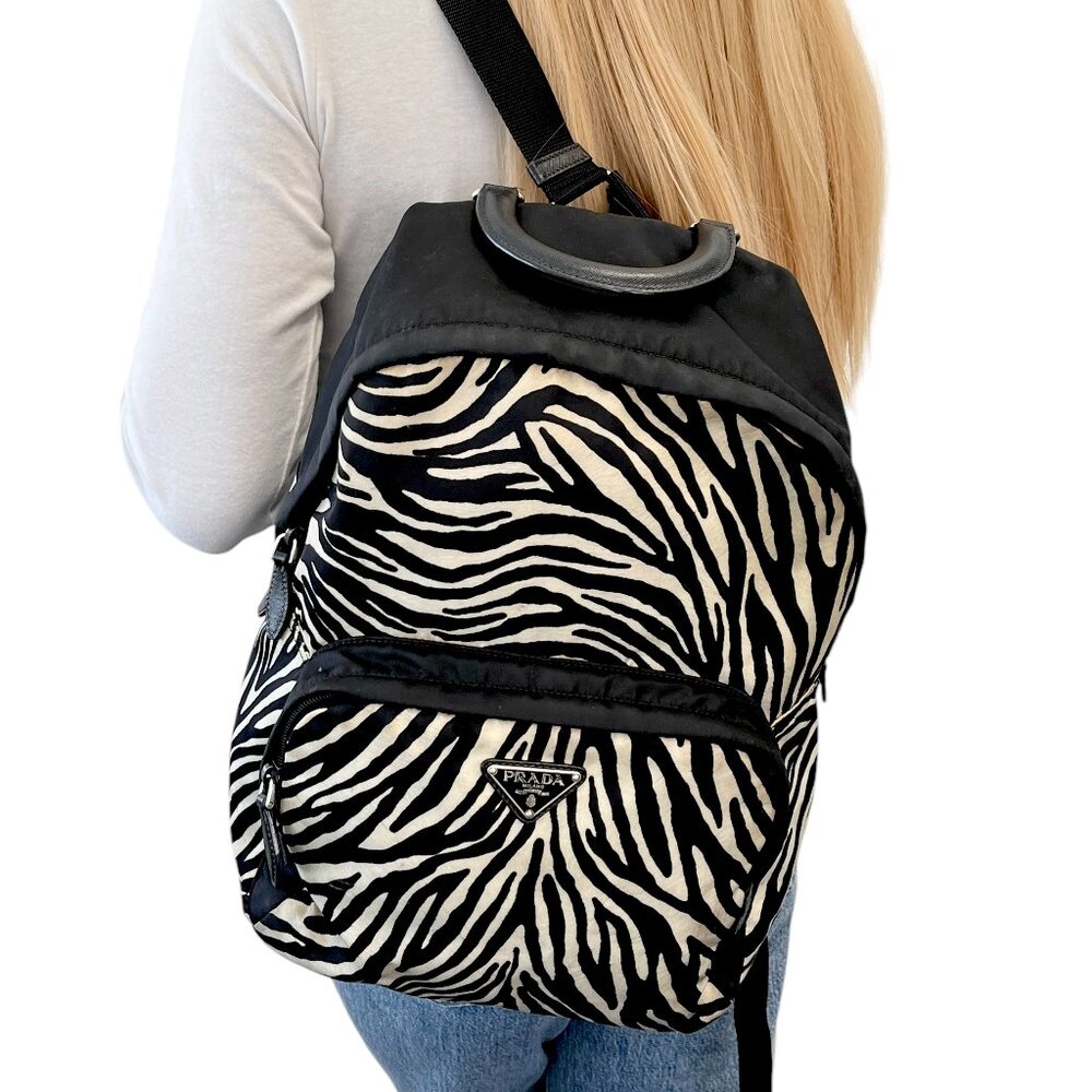 PRADA Vintage Logo Zebra Backpack Zip Mesh Black White Nylon Leather [105240]